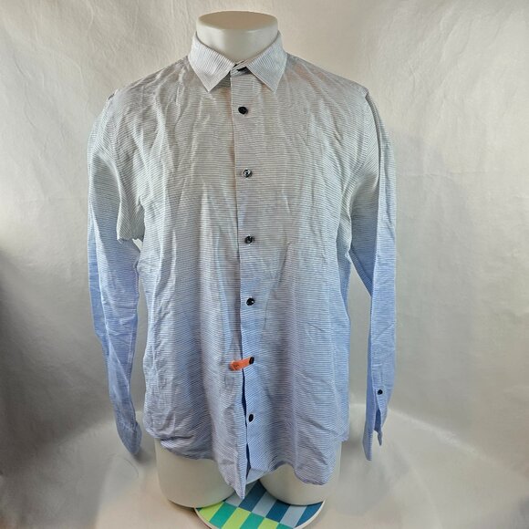 Vince Shirt Mens Large Gray Blue Striped Button Up Linen Cotton Ombre Preppy - Picture 1 of 10